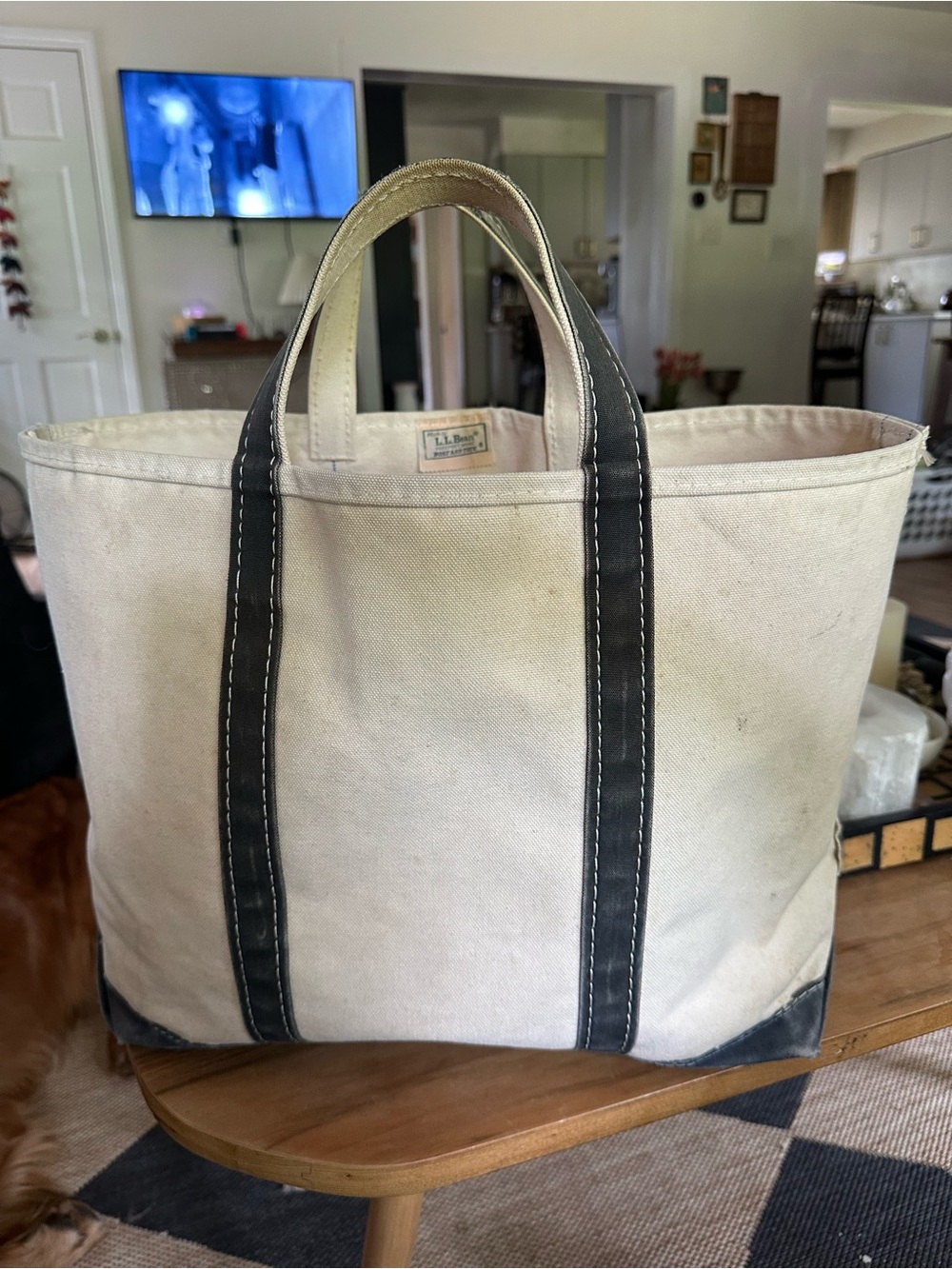 L.L. Bean vintage saw tooth label boat and tote Bag natural navy used rare